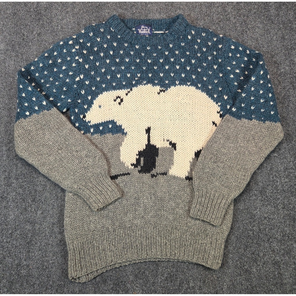Woolrich Vintage 100% Wool Polar Bear Knit Sweater Mens Blue Grey Small